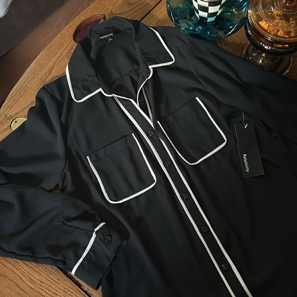 Sheer Black & White Blouse with Roll Tab Sleeves and Chest Pockets - Picture 3 of 14